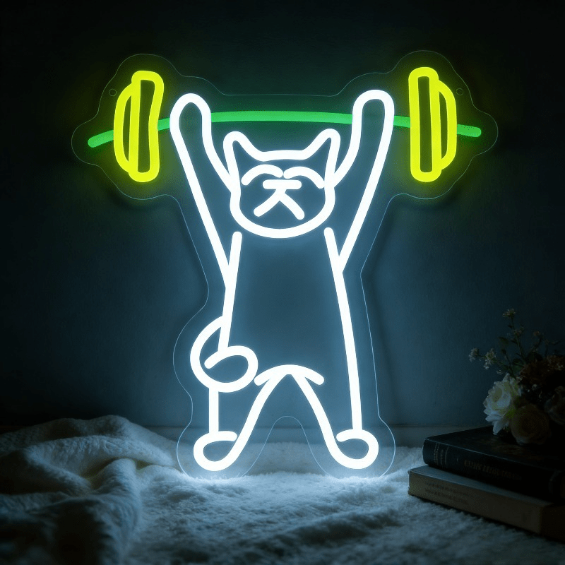 Home Gym Neon Sign - Neonowy znak LED z kotem podnoszącym